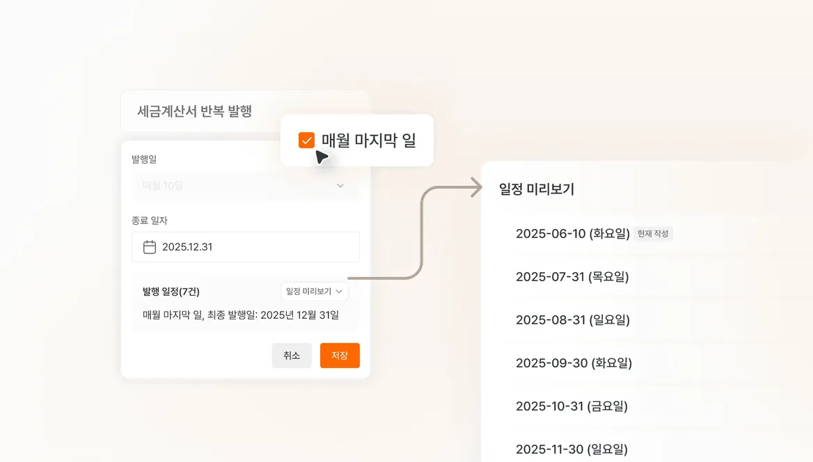 반복 발행, 매월 마지막 일 옵션 지원 기능 화면